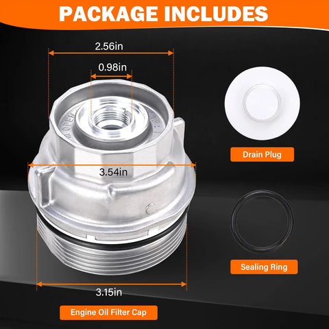 Oil Filter Housing Cap Assembly With Plug And Gasket Direct OEM Replacement For Camry RAV4 Highlander Sienna Tacoma Tundra 4Runner And Lexus RX350 ES350 with dimensions and components shown