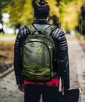 Fern Print Old Growth Forest unisex backpack with large capacity worn by person on a path, durable polyester
