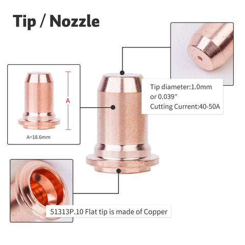 45 Piece Plasma Cutting Torch Tip Nozzle Set For PT60 IPT60 PT40 IPT40 Series 1.0mm 0.039 Inch Copper tip details