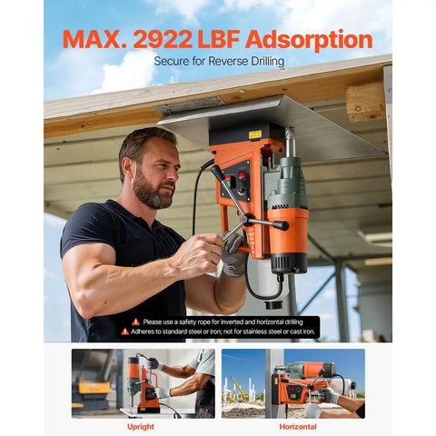 Heavy Duty 1550W Magnetic Drill Press With Powerful 2 Inch Core Bit And 13000N Holding Force For Steel Iron Metals Low Speed 0-550 RPM Reliable Copper Motor Base Stable Performance Jobsite Essential Tool in use on a job site.