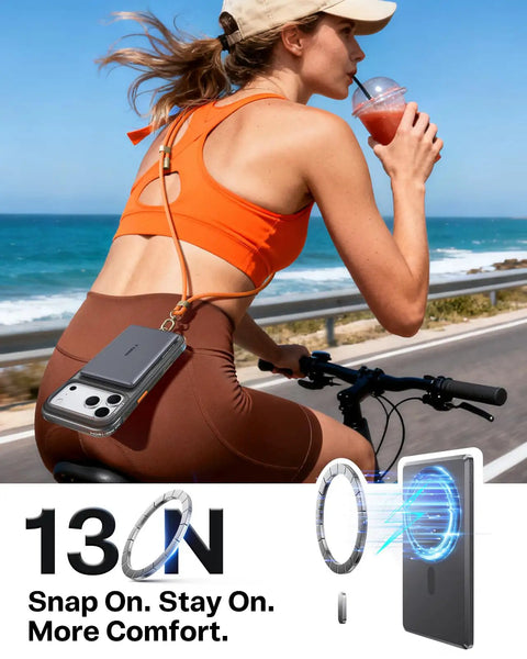 Woman biking by the ocean with Straight Up Top Shelf MagSafe Power Bank attached, showcasing secure magnetic snap and slim design.