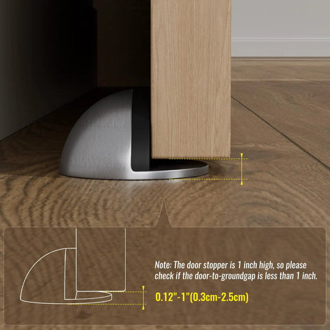 Stainless Steel Half Dome Floor Door Stop With Rubber Buffer Self Adhesive No Drilling Needed Door Stopper for Bedroom Living Room Bath Shower Office Silver 4 Pack installed on wooden floor.