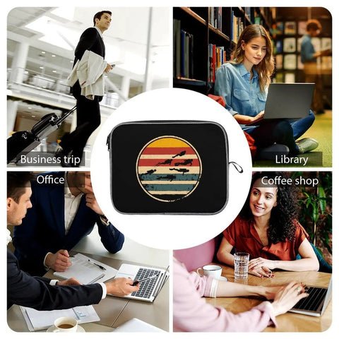 Scuba Inspired 14 Inch Laptop Sleeve And Protective Carry Case centered with split images of business trip, library, office, coffee shop