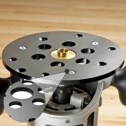 Universal Guide Bushing Router Template Plate 6.42 Inch Diameter With 1.25 Inch Center Hole Durable Polypropylene Construction Includes Mounting Hardware shown on a router with detailed view of openings.