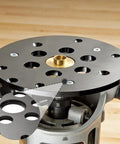 Built Tough No Sweat Slick Action Heavy Duty Guide Bushing Router Plate Template 6.42 on router base with detailed holes.