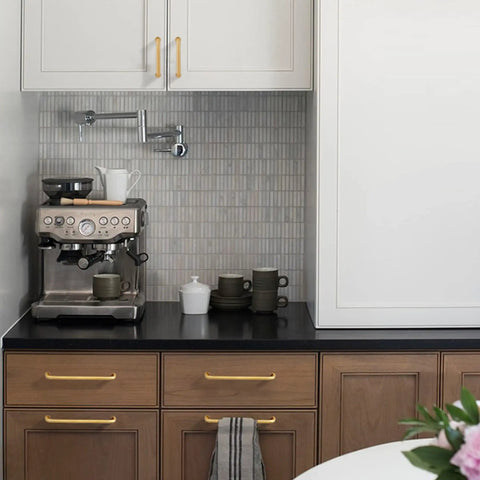 Solid Brass Cabinet Pulls 6.3 Inch 160mm Hole Center on wooden kitchen drawers with coffee machine above
