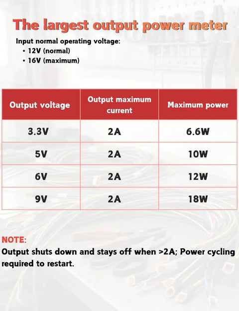 DC 12V To 3.3V 5V 6V 9V Step Down Voltage Regulator For Cars And Trucks 2A Max Output specifications chart