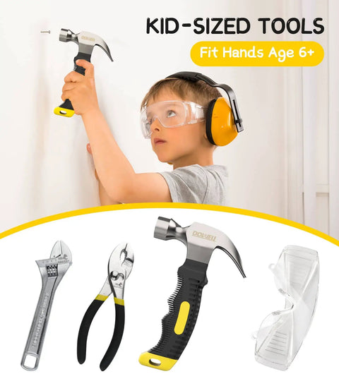 Kids Tool Set With Real Metal Hand Tools Includes Hammer Wrench Pliers Level Tape Measure Clamps Screwdrivers Safety Goggles And Tool Bag Great Gift For Ages 8 Plus Home DIY Learning Kit For Boys And Girls