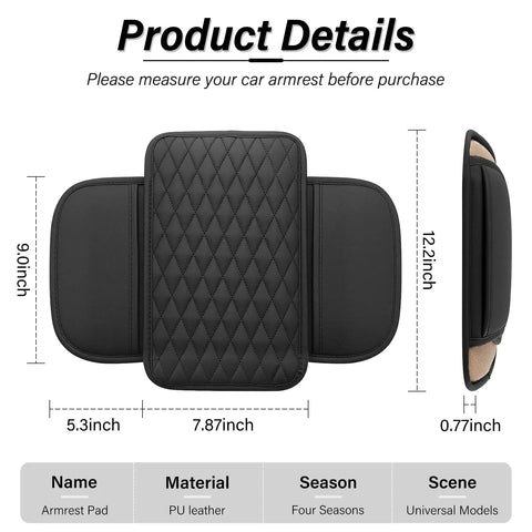 Center Console Armrest Cushion With Leather Look Upgraded Comfort Pad Featuring Two Storage Pockets Universal Waterproof Non Slip Car Interior Accessory For Most Sedans SUVs Trucks Black with detailed measurements