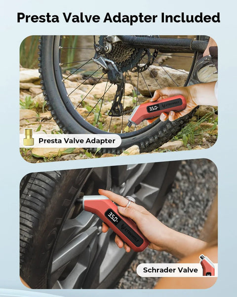 ETENWOLF T300 Plus digital tire gauge in vivid orange with LED display; Presta/Schrader valve compatibility, Presta adapter included
