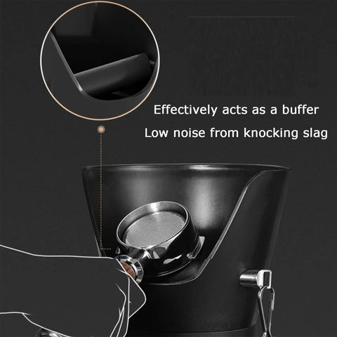 Top Shelf 6.8 Liter Espresso Knock Box Coffee Grounds Bucket With Quiet Rubber Arm Removable Lid Heavy Duty Frame shows quiet rubber arm for low noise.