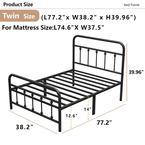 Super Heavy Duty Twin Metal Bed Frame With Vintage Victorian Headboard And Footboard In Matte Black Finish, dimensions 77.2" x 38.2" x 39.96".