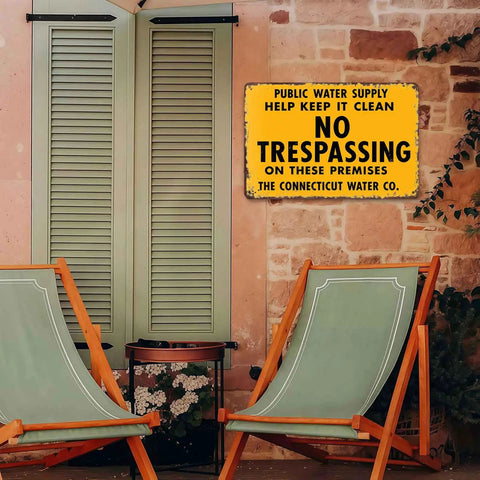No Trespassing Public Water Supply Vintage Metal Wall Art Sign Weatherproof Aluminum For Outdoor Use Rust Resistant Patio Fence Porch Garden Decor For Outdoor Living Spaces, 8x12 sign on stone wall