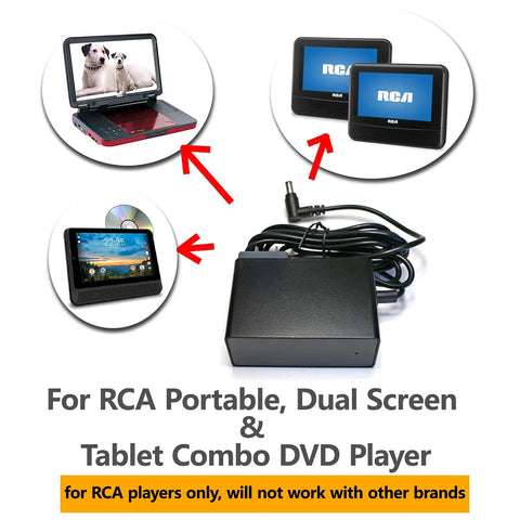 AC Wall Charger For RCA Portable DVD TV Combo Player 12V With Extra Long 200cm Heavy Duty Power Cord shown with devices.
