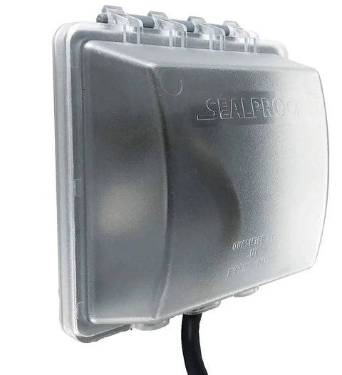 2-Gang Heavy-Duty Weatherproof Outdoor Outlet Cover And Box Kit With Lockable In Use Cover, metallic finish side view