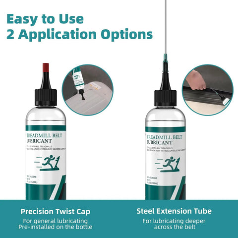 Pro Grade Silicone Treadmill Belt Lubricant with application tubes and precision twist cap, shown with two application options.