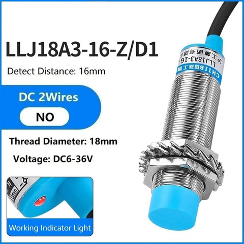 Inductive Proximity Sensor M18 Long Detect Distance 3 Wire NPN PNP DC Switch For Automation Heavy Duty Rugged Industrial Grade High Precision Non Contact Sensing LLJ18A316 Capacitive Proximity Sensor Variant with blue head and metal housing.