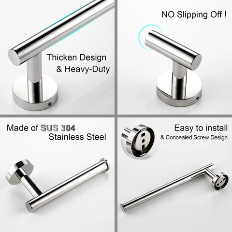 Four Piece Bathroom Hardware Set With Towel Bar Hand Towel Holder Toilet Paper Holder And Robe Hook In Polished Chrome Wall Mounted 17.7 Inch Heavy Duty Stainless Steel Rust Resistant Easy Install image showing close-up of polished chrome components, SUS304 stainless steel construction, easy install design, and thickened structure.