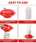 Game Changer Complete Six Piece Chick Feeder And Waterer Combo With Automatic Mini Perch For Ducks And Quail Brooder Starter Kit assembly steps shown.