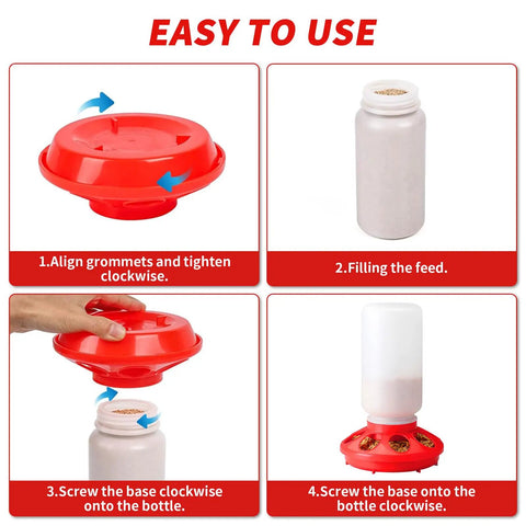 Game Changer Complete Six Piece Chick Feeder And Waterer Combo With Automatic Mini Perch For Ducks And Quail Brooder Starter Kit assembly steps shown.
