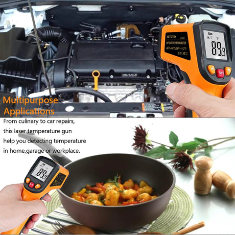 Non Contact Infrared Thermometer Gun With Laser Guide For Cooking And Home Use Measuring From -58 To 1112 F -50 To 600 C Handy Handheld Temperature Sensor For Meat Grilling BBQ Oven Refrigerator Pool in hand by car engine and pan