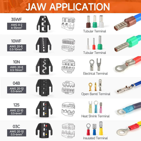 Ratcheting Crimping Tool Set Eight Piece With Quick Exchange Jaws for various terminal types and sizes, AWG details visible