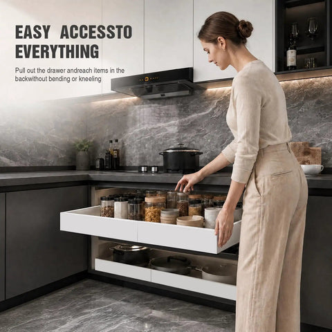 4 Pack White Pull Out Cabinet Organizers 21 Inch Deep Adjustable Width Zero Hassle Drill Free Setup Heavy Duty Tri Rail Sliders Smooth Glide Roll Out Shelves Universal Raised Base For Total Kitchen Storage with jars in a drawer.