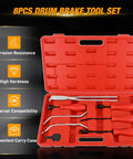 Red case with Eight Piece Pro Grade Drum Brake Tool Kit With Spring Installer Remover Compressor Retainer Pliers And Adjustment Spoons.