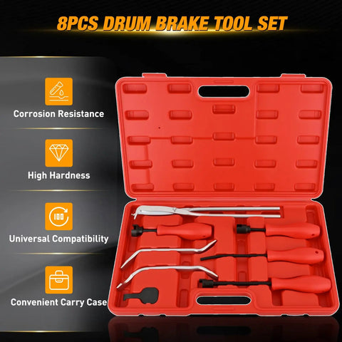 Red case with Eight Piece Pro Grade Drum Brake Tool Kit With Spring Installer Remover Compressor Retainer Pliers And Adjustment Spoons.