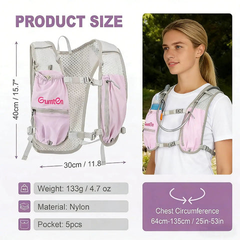 Hydration Running Vest For Men And Women With Adjustable Chest Straps, Lightweight Nylon Pack in Taro Purple on model outdoors.