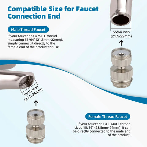 Swivel Faucet To Garden Hose Adapter Kit For Kitchen Sink Or Outdoor Hose, Multi Thread Aerator Connector, Three Quarters Inch GHT Threads, Brushed Nickel Finish, Easy Install And Leak Free Performance, size guide for male and female faucet threads