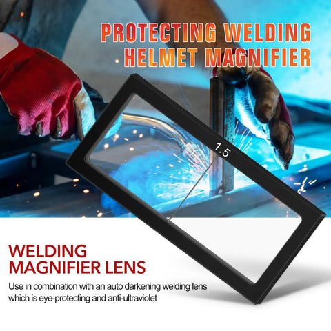 2 Pack Welding Helmet Glass Magnifier Lens With 1.5 Power Swap For Dead On Accuracy and Drop In Fit That Makes Long Shifts A No Sweat Deal For Tough Weld Jobs, showing lens with welding sparks.