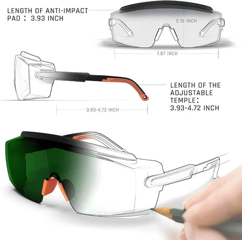 Straight Up Laser Safety Glasses With Bigtime Anti Fog Filter For IPL Hair Removal And Welding OD4 Shield side view with measurements.