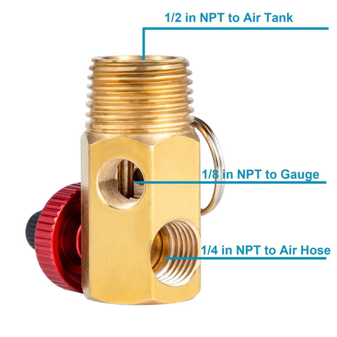 Heavy Duty Shop Tested brass manifold assembly valve with multiple NPT connections for air tank and hoses.