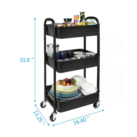 3 Tier Rolling Utility Cart With Caster Wheels Four Wheels Two Lockable For Kitchen And Bathroom Super Handy Black Finish