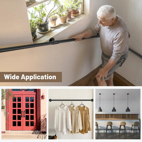Heavy Duty Industrial Staircase Handrails Nine Feet Long Cut From Solid Galvanized Steel Pipe For Serious Corrosion Protection and Totally Hassle Free No Sweat Railing Setup At Home Today used by a senior on stairs.