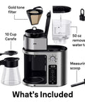 Components of the 10 Cup Drip Coffee Maker With Hot And Cold Multi Serve Brewer, Timer And Auto Start, Hot Water Dispenser, Over Ice Function.