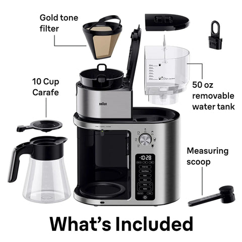 Components of the 10 Cup Drip Coffee Maker With Hot And Cold Multi Serve Brewer, Timer And Auto Start, Hot Water Dispenser, Over Ice Function.