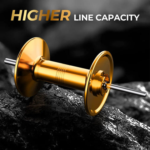 Golden CNC spool from Rover Round Baitcasting Reel for Right Handed Fishing, Heavy Duty Aluminum Side Plates, Brass Gears.