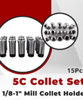 15Pcs 5C Collet Set From One Eighth Inch To One Inch For CNC Milling And Engraving Machines, close-up view of collet sizes.