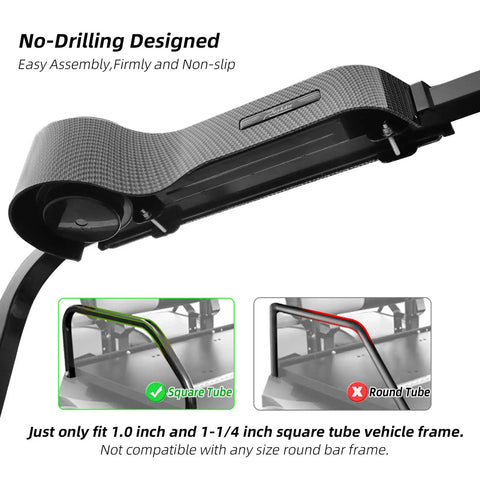 Golf Cart Rear Seat Armrests With Cup Holder And Phone Mount For EZGO Club Car Yamaha Fits Most One Point Zero And One And A Quarter Inch Square Tube Frames No Drilling Required Easy Install Upgrade Third Gen UV Resistant ABS Durable shown on square frame