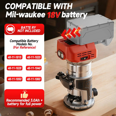 Heavy Duty Cordless Palm Router With A Beefy 800W Brushless Motor Churning Up To 28000 Rpm For Fast Woodworking Cuts, showing compatibility with Milwuakee 18V battery.