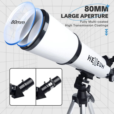 80mm 600mm Telescope For Adults And Beginners With Altazimuth Mount Dope Eyepieces 25mm And 10mm 3x Barlow Lens 24x To 180x Magnification Moon And Planets Ready Easy Setup Stargazing Kit, white optical tube and mount