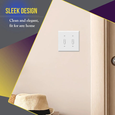 Two-Gang Toggle Wall Plate With Gloss White Finish No-Fuss Double Switch Cover on beige wall, Model 8812-W.