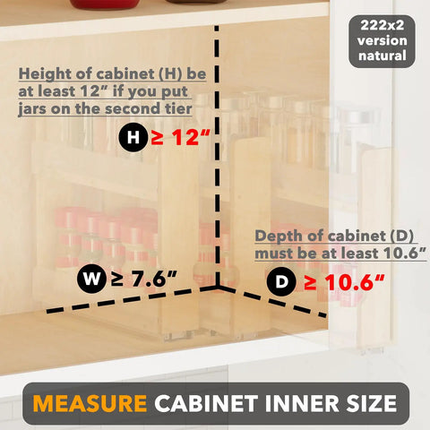 Measure cabinet inner size for Make Your Kitchen Sing With Heavy Duty Bamboo Pull Out Spice Rack Cabinet Organizer.