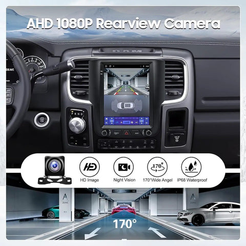 9.7 Inch Car Radio Upgrade Dash Kit For Dodge Ram 2013-2018 with Android 13 displaying 1080P rearview camera interface