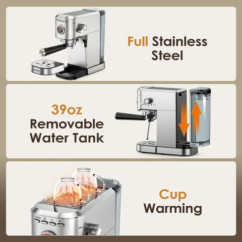 Top Tier 20 Bar Espresso Machine With Built In Milk Frother And Sleek Stainless Steel Build, showing full stainless steel build, removable 39oz tank.
