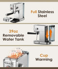 Top Tier 20 Bar Espresso Machine With Quick Heat Milk Frother And Powerhouse 1350W Pump Compact Stainless Steel Coffee Maker features removable water tank and cup warmer.