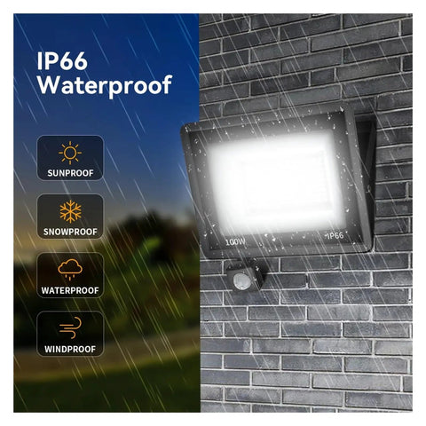 JUDYSSY Led Pir Motion Sensor Floodlight Outdoor Wall Light White Light 100W mounted on a wall, showing IP66 waterproof features.