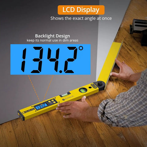 Top Shelf Heavy Duty Aluminum Digital Angle Finder With Integrated Laser Projection And Hella Precise Protractor Gauge showing 134.2° on LCD display.